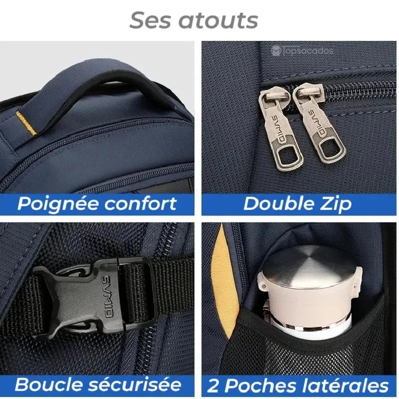 sac a dos college garcon bleu en vue rapprochée montrant la poignée confort, double zip, boucle de sécurité et poches latérales