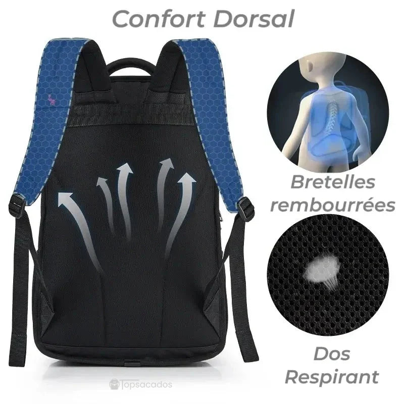 sac a dos college garcon vu de dos avec bretelles rembourrées et flèches illustrant la ventilation dorsale