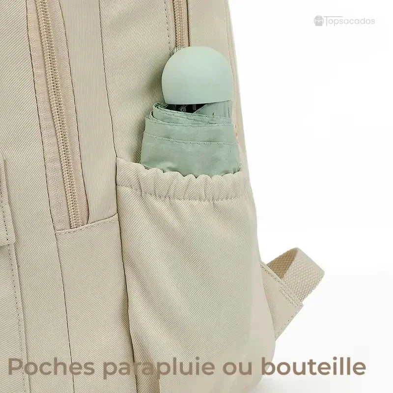 Sac à dos collège avec poche latérale élastique contenant un petit parapluie, pratique pour une utilisation quotidienne.