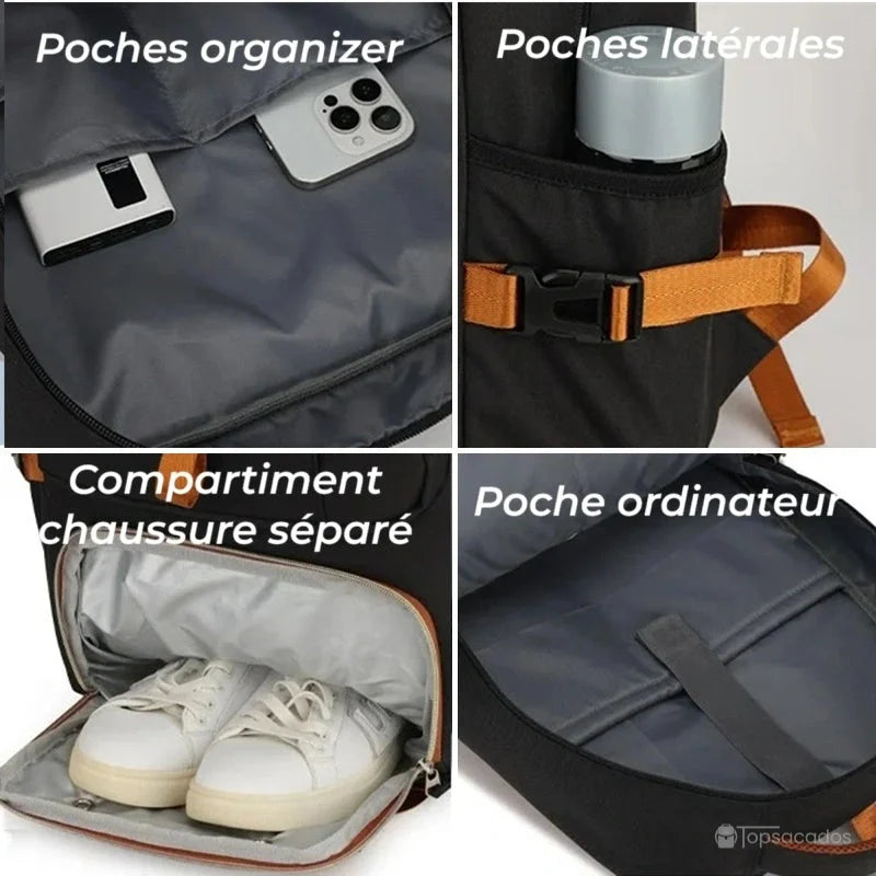 Sac à dos compartiment chaussure vu de l'intérieur avec vues détaillées des poches latérales, poche ordinateur et compartiment pour chaussure.
