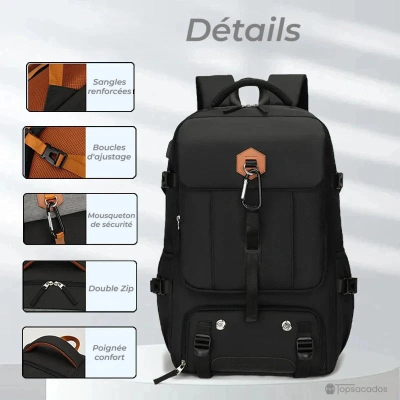 Sac à dos compartiment chaussure noir en vue de face avec zooms sur les sangles renforcées, mousqueton et poignée de transport.