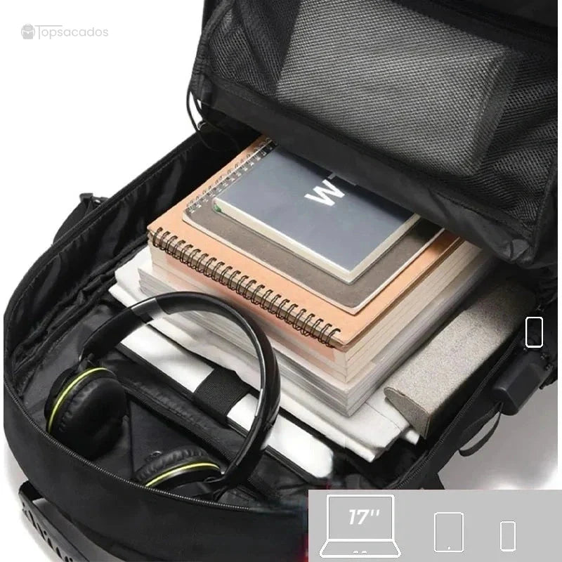 Sac à dos compartiment chaussure extensible avec intérieur spacieux rempli de cahiers, casque audio et vêtements, adapté pour ordinateur 17 pouces