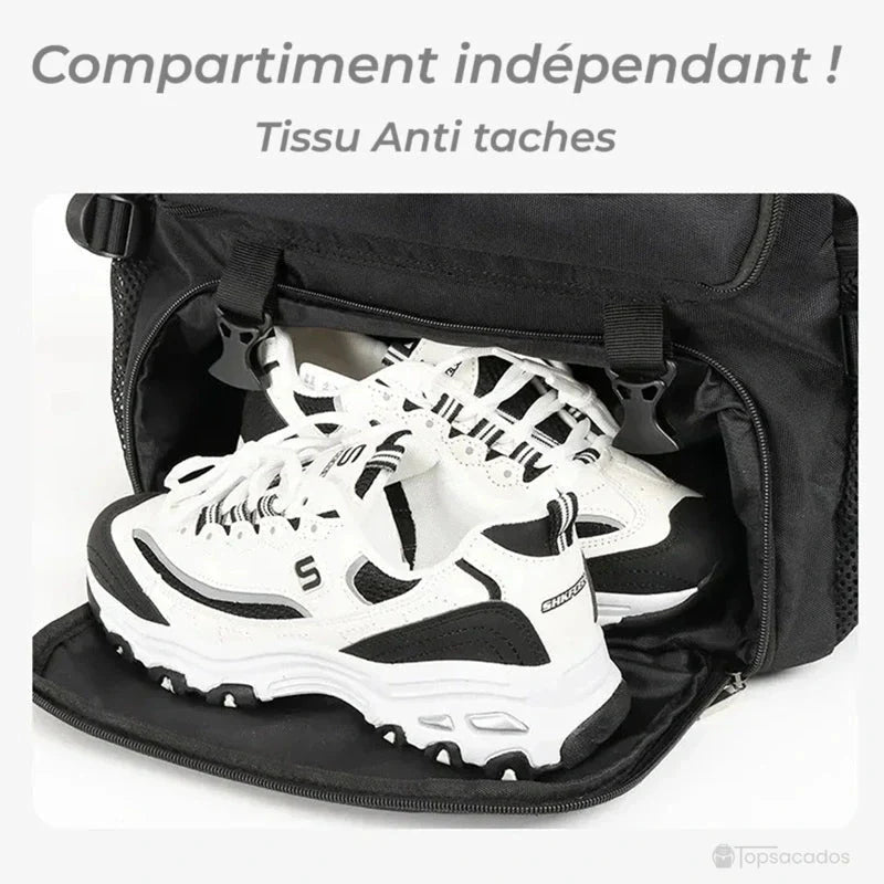 Sac à dos compartiment chaussure extensible avec compartiment chaussures indépendant, contenant une paire de baskets blanches