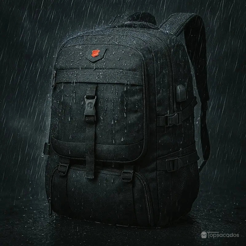 Sac à dos compartiment chaussure extensible sous la pluie, démontrant son tissu imperméable et sa résistance aux intempéries