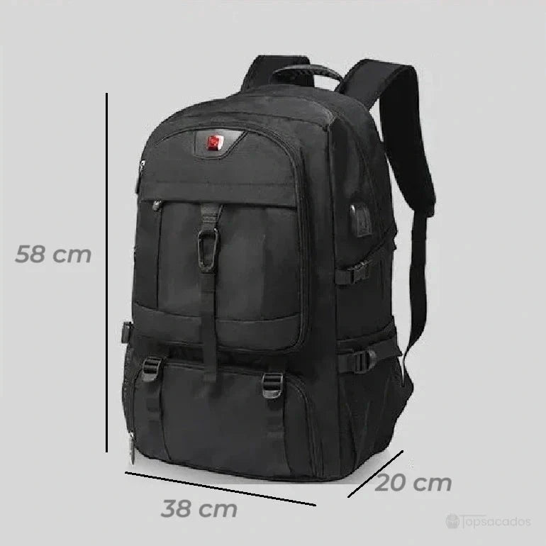 Sac à dos compartiment chaussure extensible avec dimensions affichées 58x38x20 cm, sur fond gris clair
