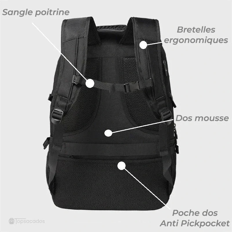 Sac à dos compartiment chaussure extensible vu de dos, présentant les bretelles ergonomiques, la sangle poitrine et la poche anti pickpocket
