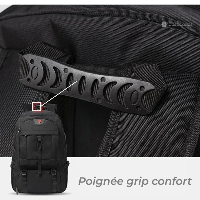 Sac à dos compartiment chaussure extensible avec vue rapprochée sur la poignée grip ergonomique