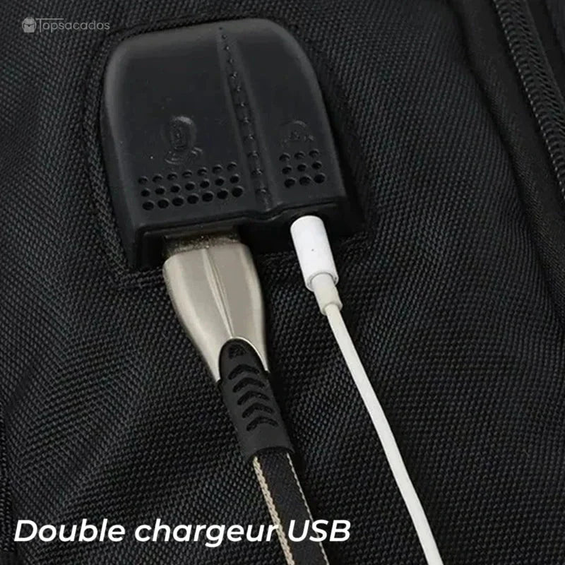 Sac à dos compartiment chaussure extensible avec double chargeur USB intégré, câbles branchés visibles