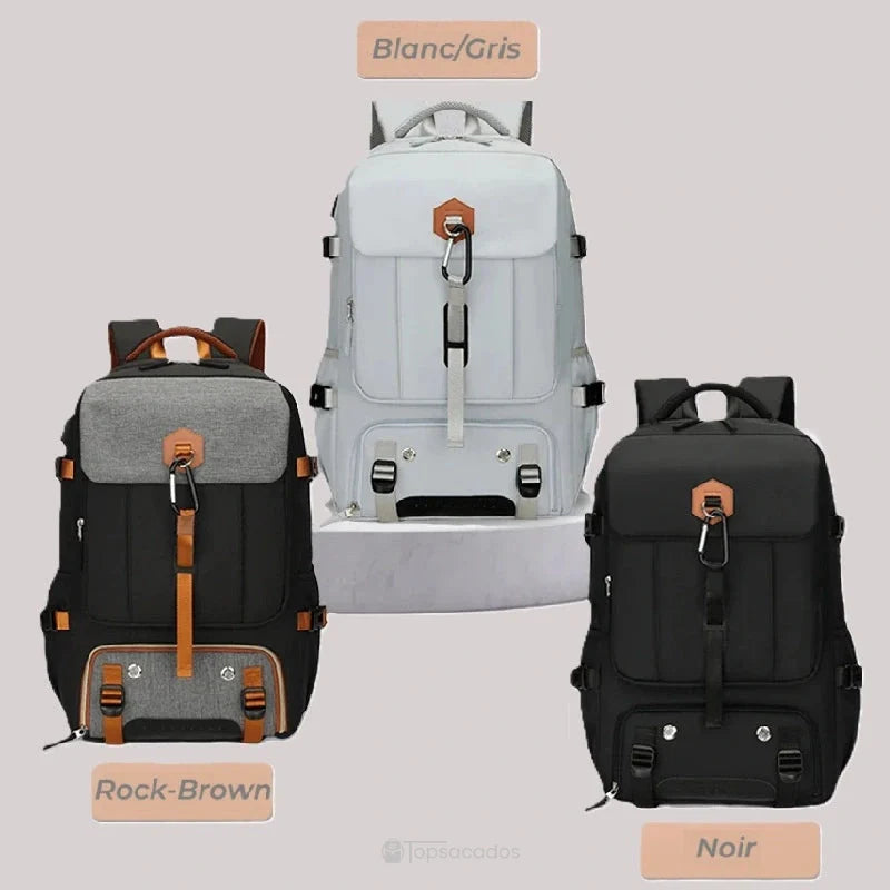 Sac à dos compartiment chaussure présenté en trois coloris : noir, blanc/gris et rock-brown sur fond beige.