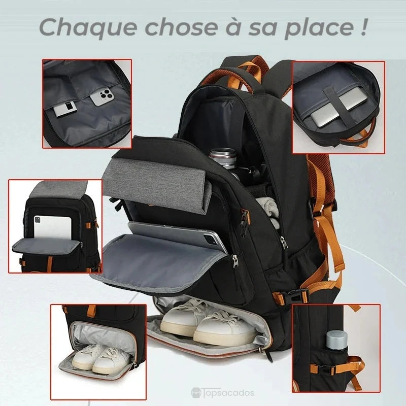 Sac à dos compartiment chaussure ouvert avec tous les rangements visibles, incluant emplacement ordinateur et poche chaussure.