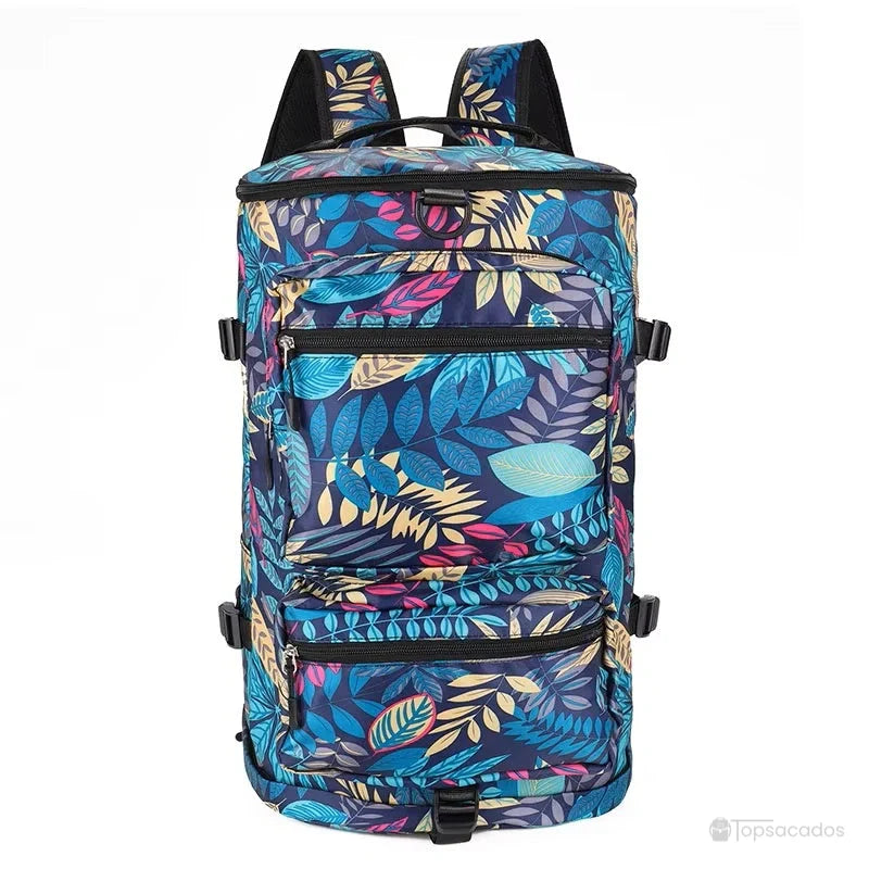 Sac à dos compartiment chaussure motif feuillage bleu vu de face, avec poches zippées et grand espace de rangement