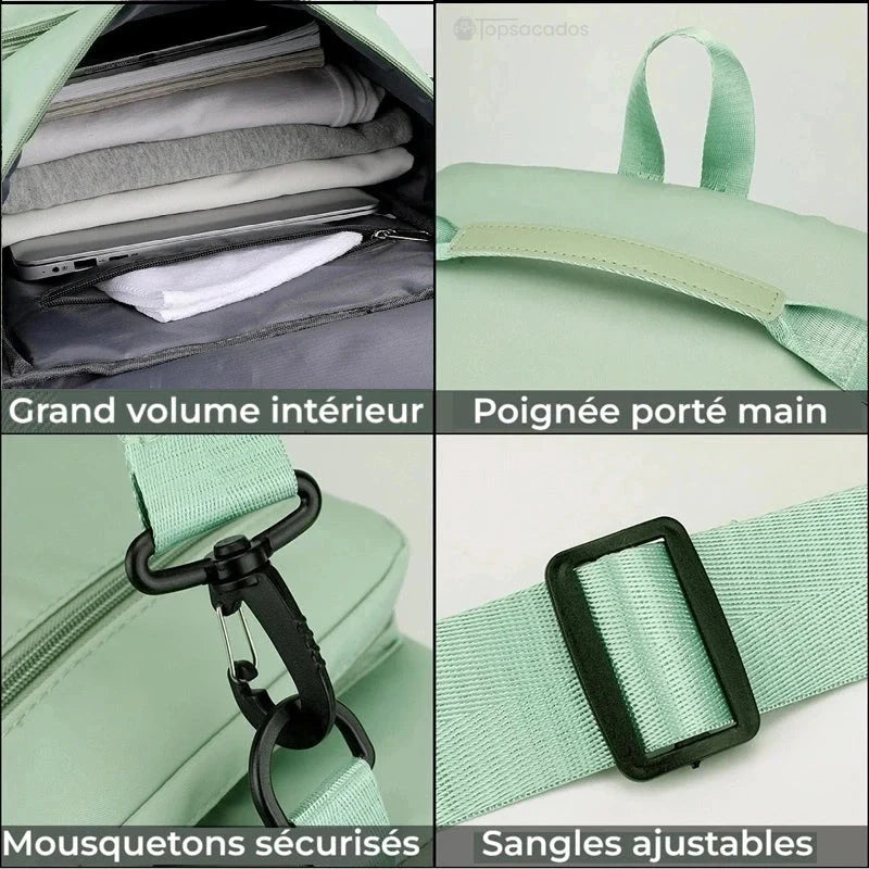 Sac à dos compartiment chaussure vert menthe présenté en 4 détails : grand volume, poignée main, mousqueton sécurisé, sangle ajustable
