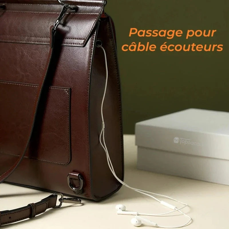 Sac à dos cuir Femme avec rabat marron avec sortie discrète pour câble d’écouteurs, posé sur une table beige
