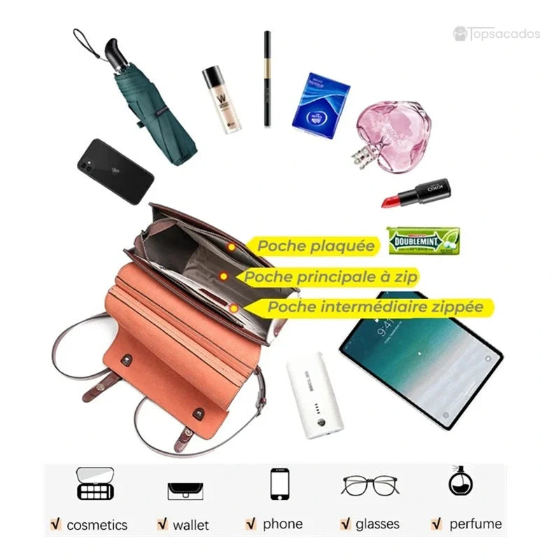 Sac à dos cuir Femme avec rabat ouvert montrant son contenu intérieur : tablette, rouge à lèvres, téléphone, portefeuille et accessoires
