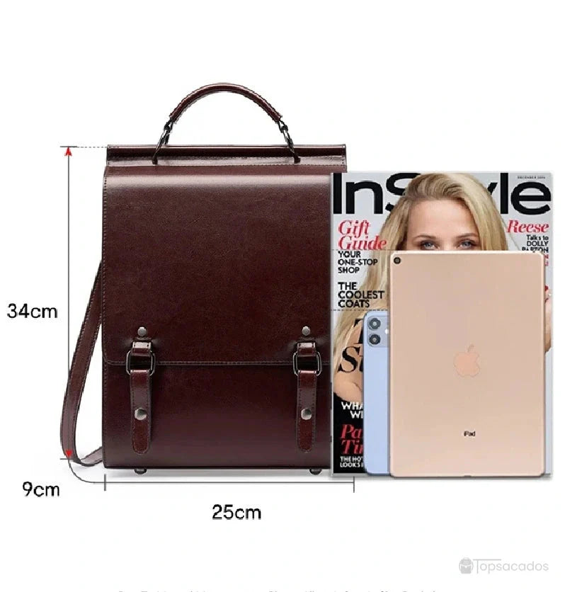 Sac à dos cuir Femme avec rabat marron mesurant 34 cm de hauteur, 25 cm de largeur et 9 cm de profondeur, avec magazine et iPad pour échelle
