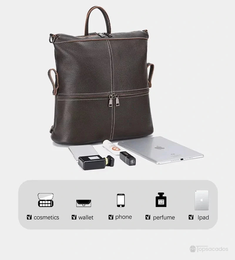 Sac à dos cuir femme brun ouvert avec contenu visible : tablette, maquillage, portefeuille et accessoires