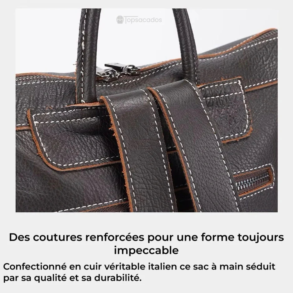 Sac à dos cuir femme gros plan sur poignées renforcées avec surpiqûres blanches