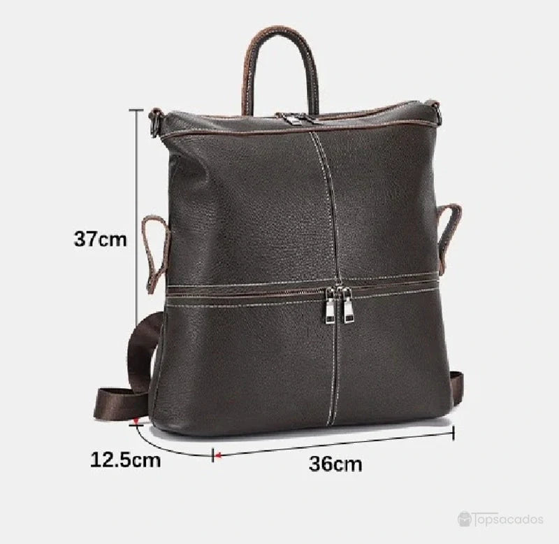 Sac à dos cuir femme dimensions 37cm x 36cm x 12.5cm indiquées sur fond clair