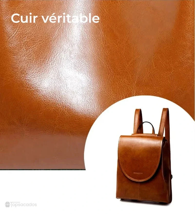 Sac à dos cuir femme marron en cuir véritable, texture brillante en gros plan avec visuel intégré du produit.