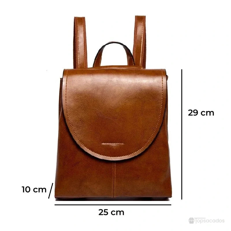 Sac à dos cuir femme marron vu de face avec dimensions indiquées : 29 cm de haut, 25 cm de large, 10 cm de profondeur.
