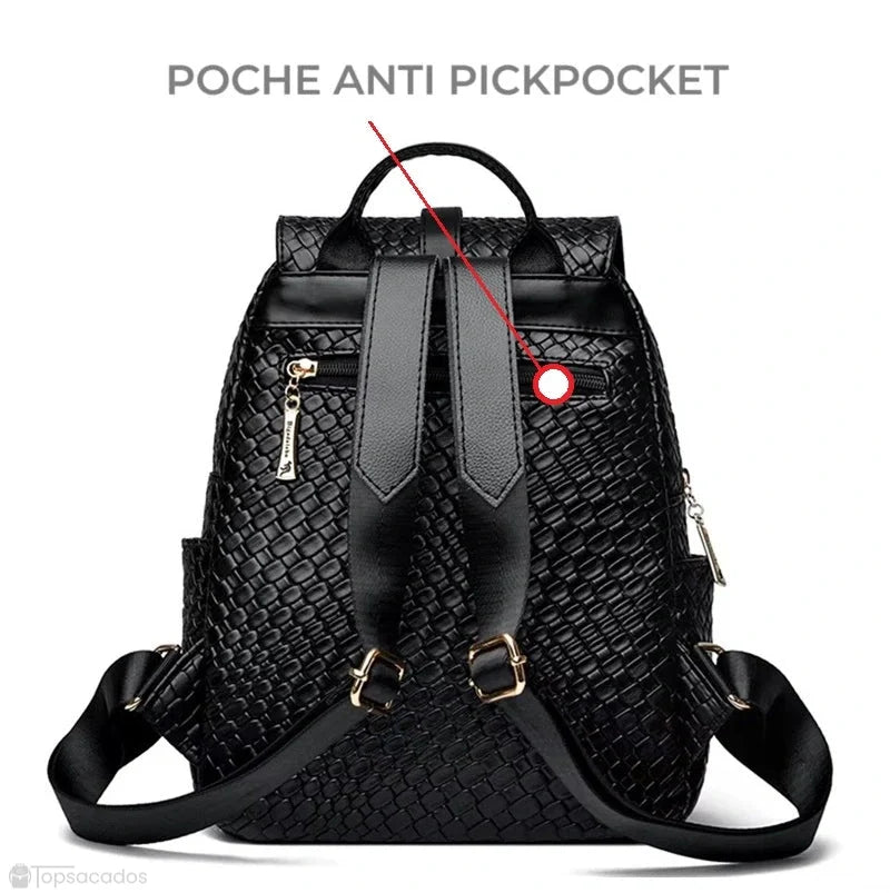Sac à dos cuir femme noir avec poche anti pickpocket sécurisée au dos et doubles bretelles