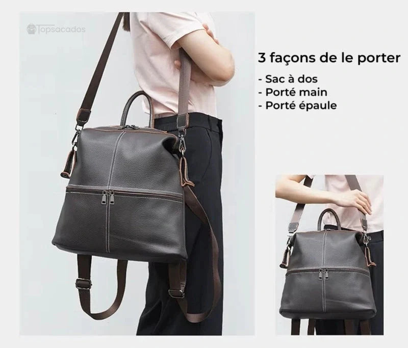 Sac à dos cuir femme porté de trois façons : en sac à dos, à la main ou à l’épaule, illustré sur modèle