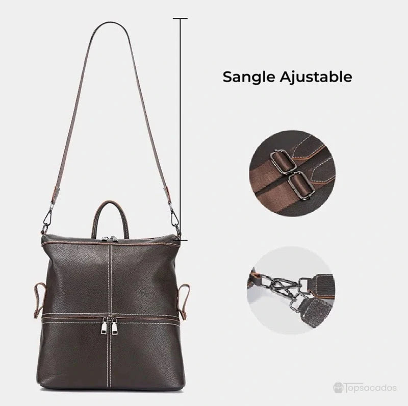 Sac à dos cuir femme brun avec bandoulière ajustable et détails métalliques renforcés