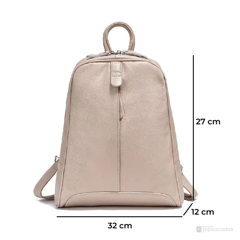 Sac à dos cuir femme tendance beige avec dimensions illustrées : 32 cm de large, 27 cm de haut, 12 cm de profondeur.