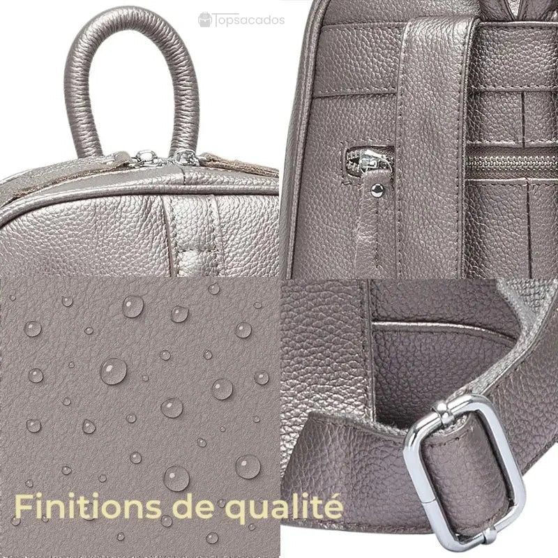Sac à dos cuir femme tendance bronze avec gros plans sur coutures fines, matière déperlante et finitions haut de gamme.