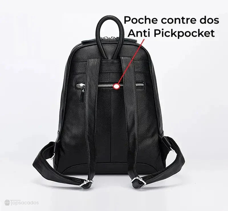Sac à dos cuir femme tendance noir vu de dos avec poche anti pickpocket sécurisée, fermeture éclair invisible.