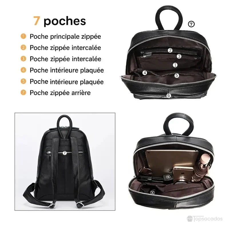 Sac à dos cuir femme tendance noir avec 7 poches illustrées, vue intérieure complète avec contenu organisé.