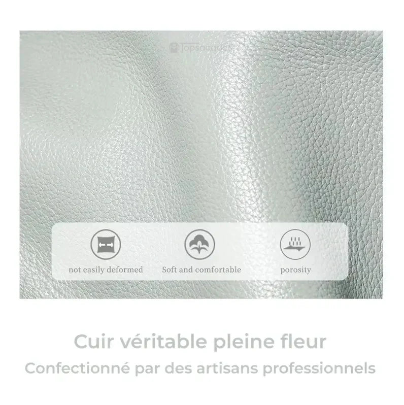 Sac à dos cuir femme vert clair en gros plan sur le cuir véritable pleine fleur, doux, souple et légèrement grainé.