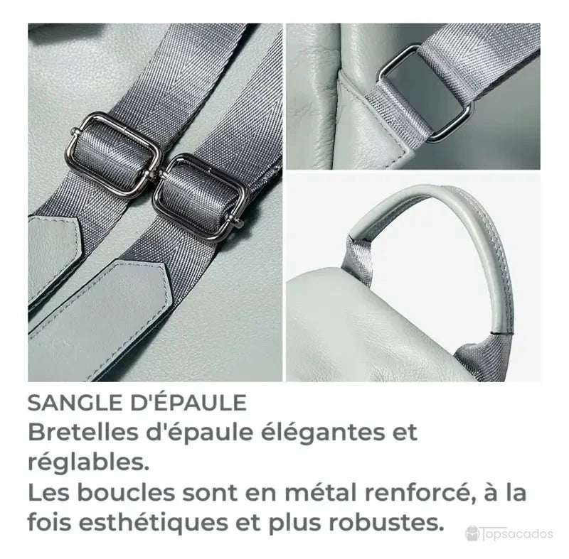 Sac à dos cuir femme vert clair en gros plan sur les bretelles d’épaule réglables et les boucles en métal renforcé.