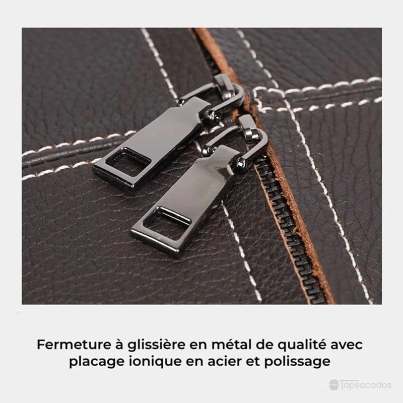 Sac à dos cuir femme gros plan sur fermeture éclair métallique brillante, surpiqûres contrastantes