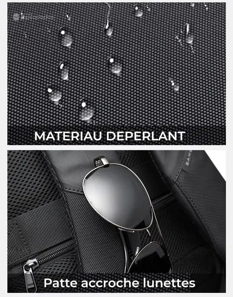 Sac à dos de cours avec tissu déperlant noir, gros plan sur des gouttes d’eau en surface imperméable