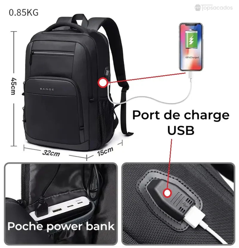 Sac à dos de cours noir avec dimensions 45x32x15 cm et port USB intégré, présenté avec vue détaillée de la poche power bank