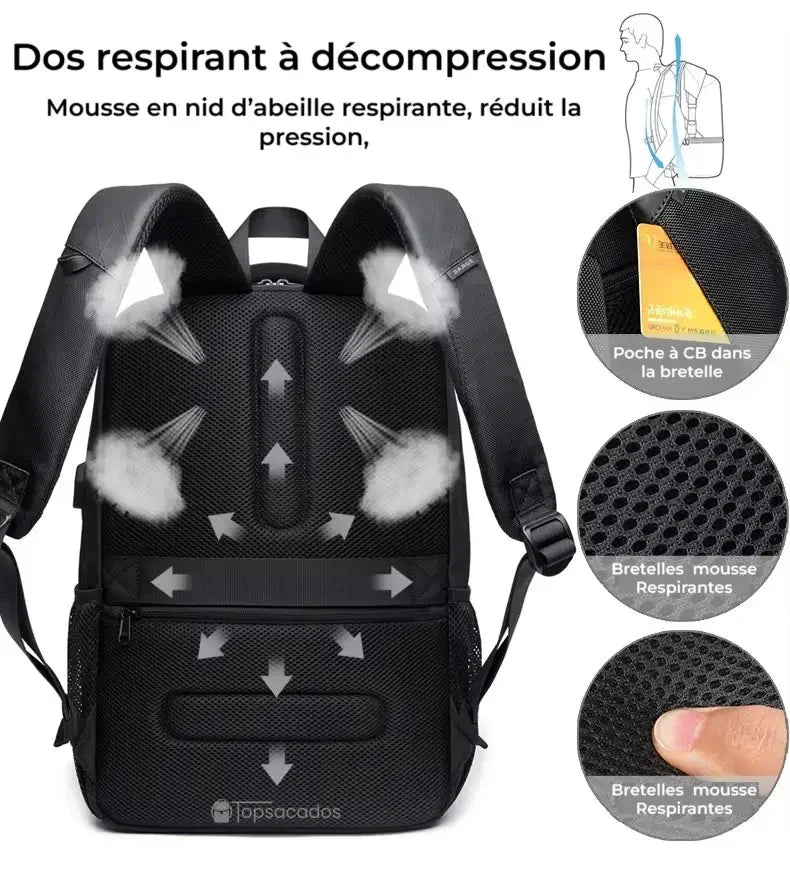 Sac à dos de cours noir vu de dos, avec système de décompression respirant en nid d’abeille et poches intégrées aux bretelles