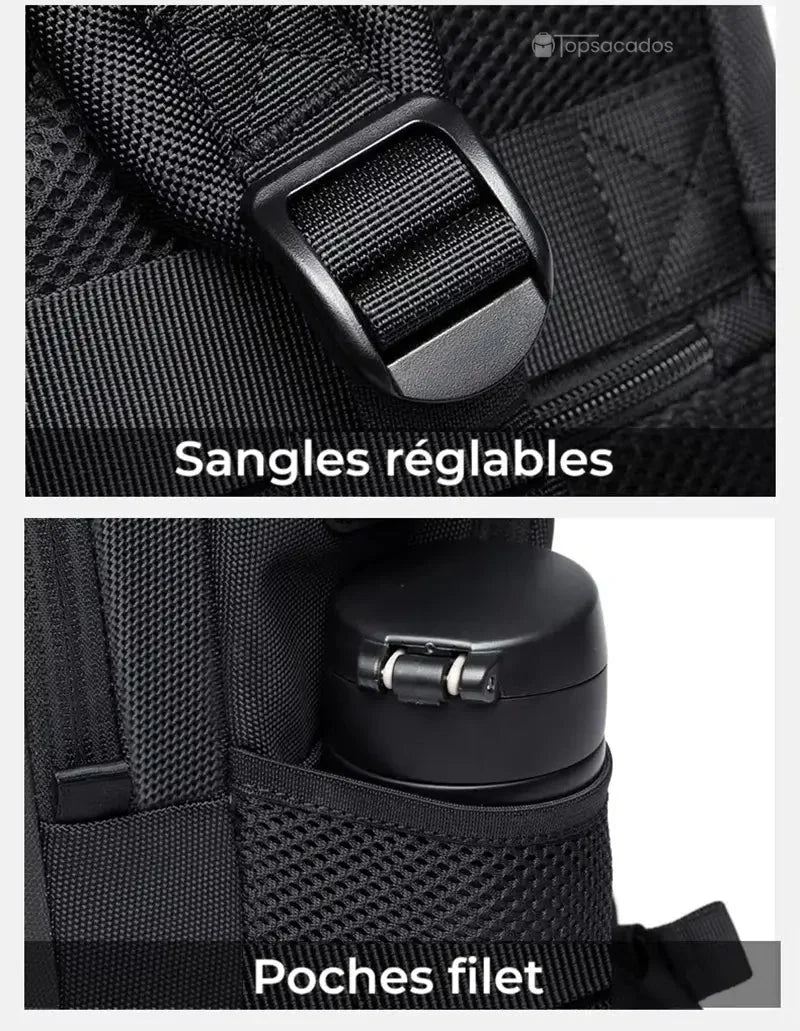 Sac à dos de cours noir avec sangles réglables robustes et poche filet latérale contenant une gourde noire