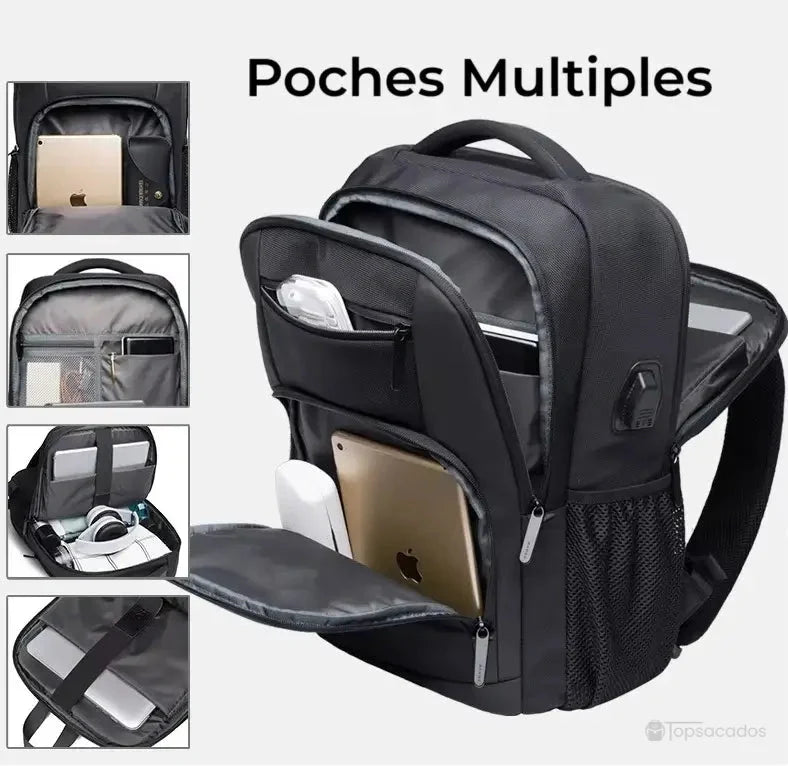 Sac à dos de cours avec poches multiples ouvertes montrant l’organisation intérieure pour tablette, ordinateur et accessoires