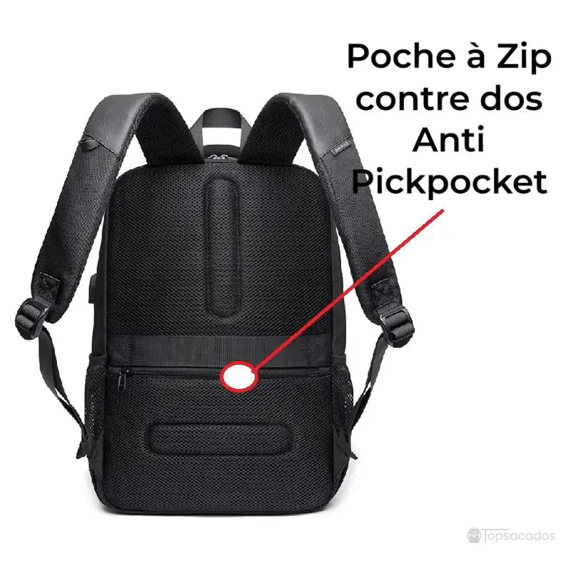 Sac à dos de cours noir vu de dos avec flèche indiquant une poche à zip dissimulée anti-pickpocket