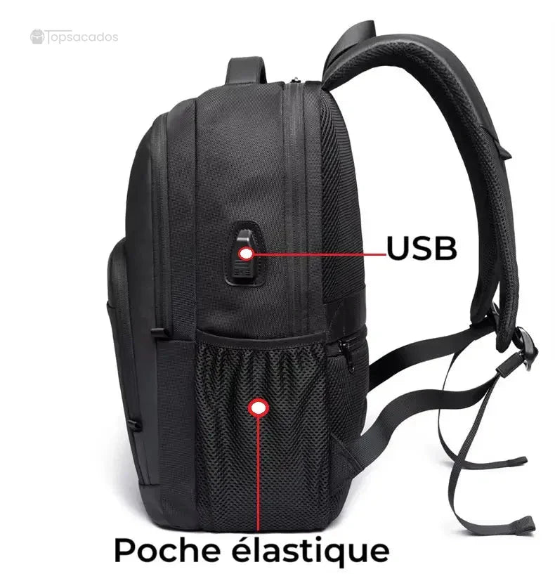 Sac à dos de cours noir en vue latérale avec port USB externe et poche élastique en filet