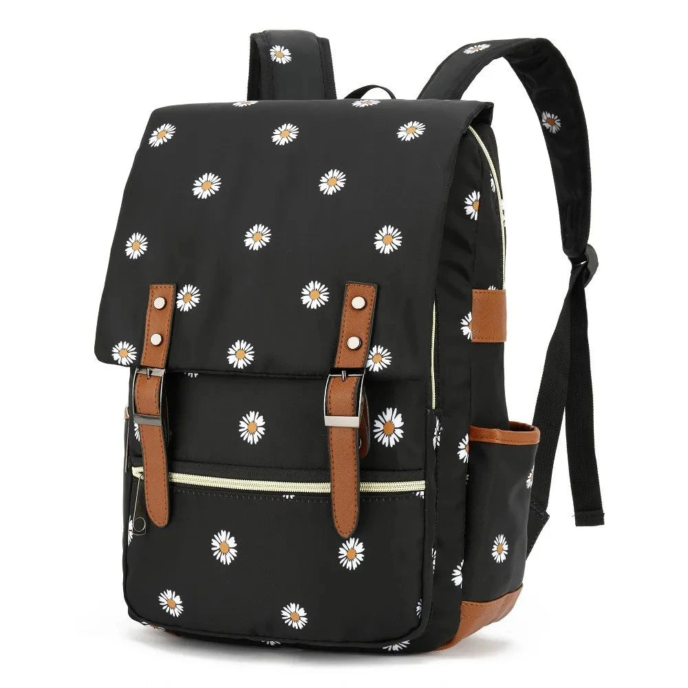 Sac à dos école fille noir avec imprimé marguerites blanches, fond blanc