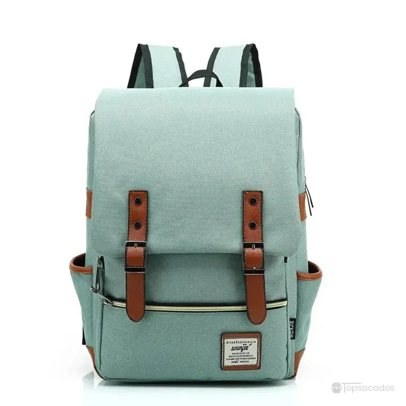 Sac à dos école fille vert pastel élégant avec sangles marron et poche frontale