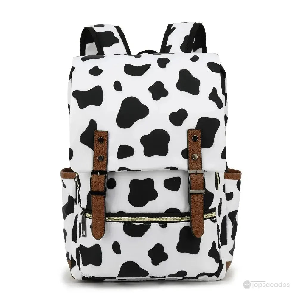 Sac à dos école fille motif taches noires sur fond blanc, esprit vache