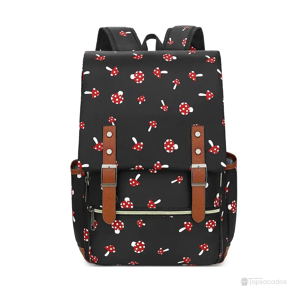 Sac à dos école fille noir imprimé champignons rouges et blancs mignons