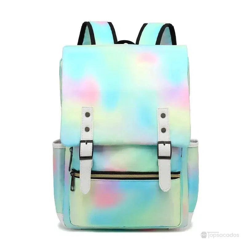 Sac à dos école fille aux couleurs pastel dégradées douces sur fond blanc