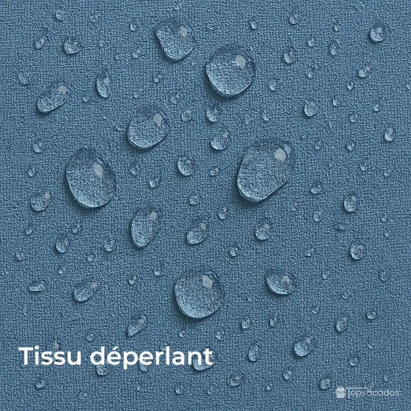 Sac à dos école garçon avec tissu déperlant, illustré par des gouttes d’eau sur la surface.