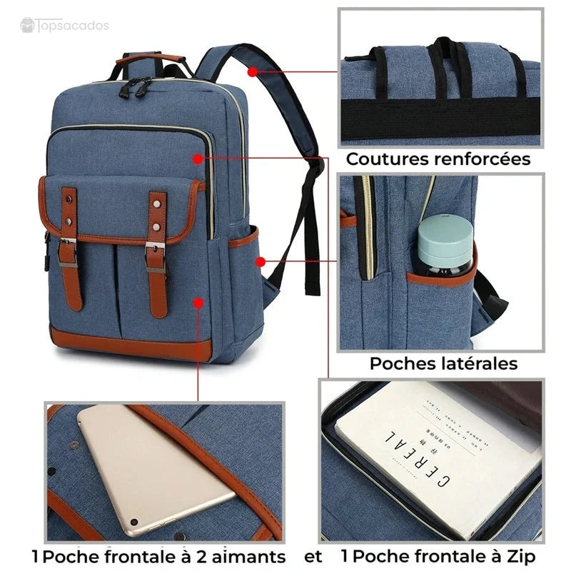 Sac à dos école garçon avec focus sur les poches latérales, les coutures et les compartiments de rangement.