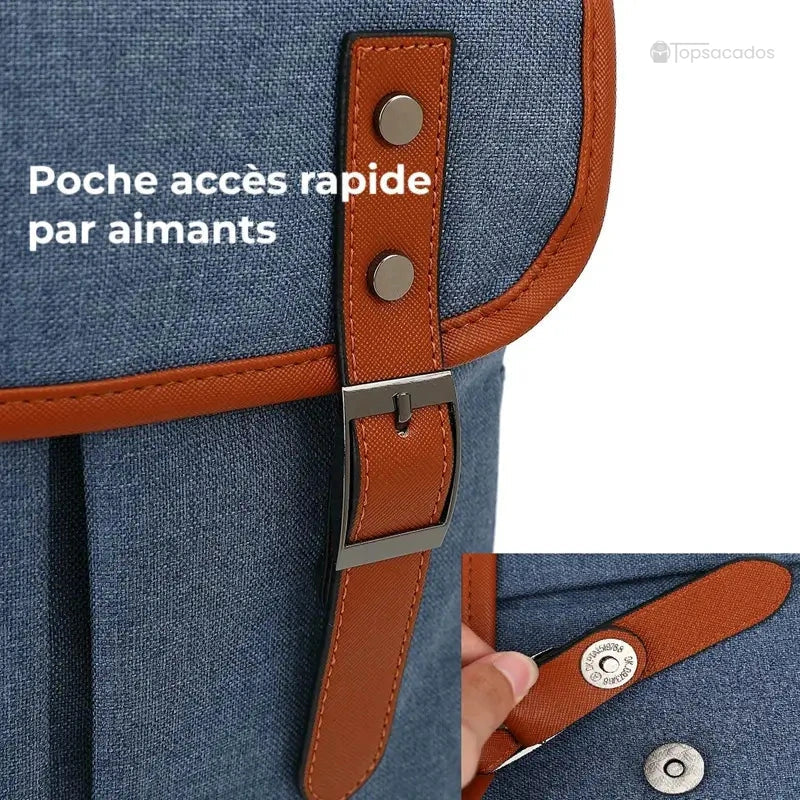 Sac à dos école garçon avec focus sur la poche avant à fermeture magnétique, facile à ouvrir.