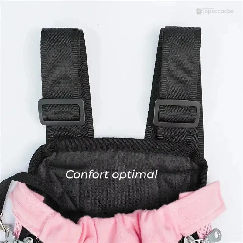 Sac à dos et ventral chat rose, détail sur les sangles d’épaule noires et le rembourrage supérieur, avec mention 'Confort optimal'.